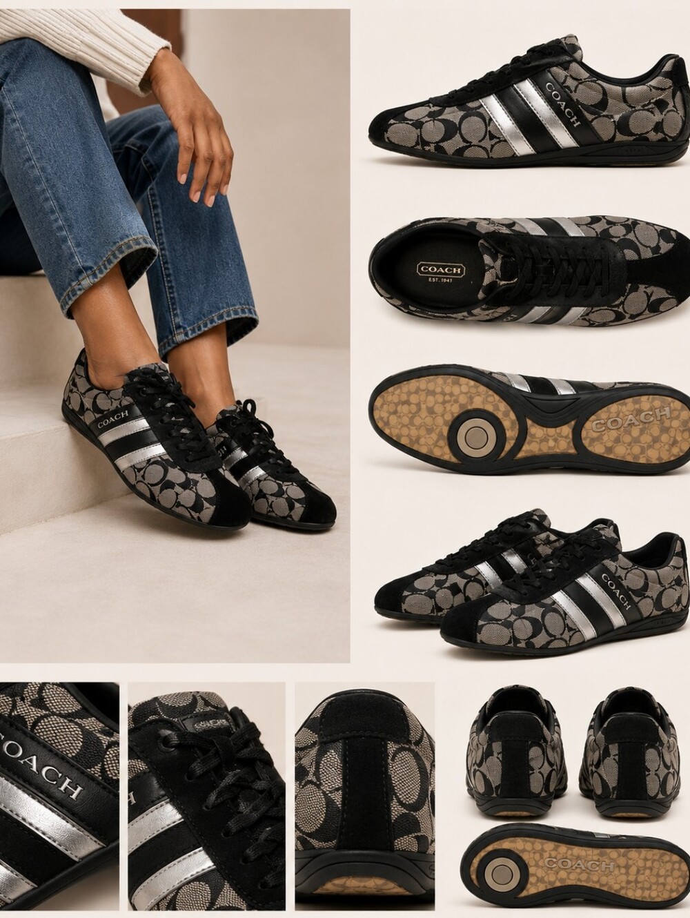 Coach Jayme Signature Low-Top Sneakers in Black and Silver With Original Box